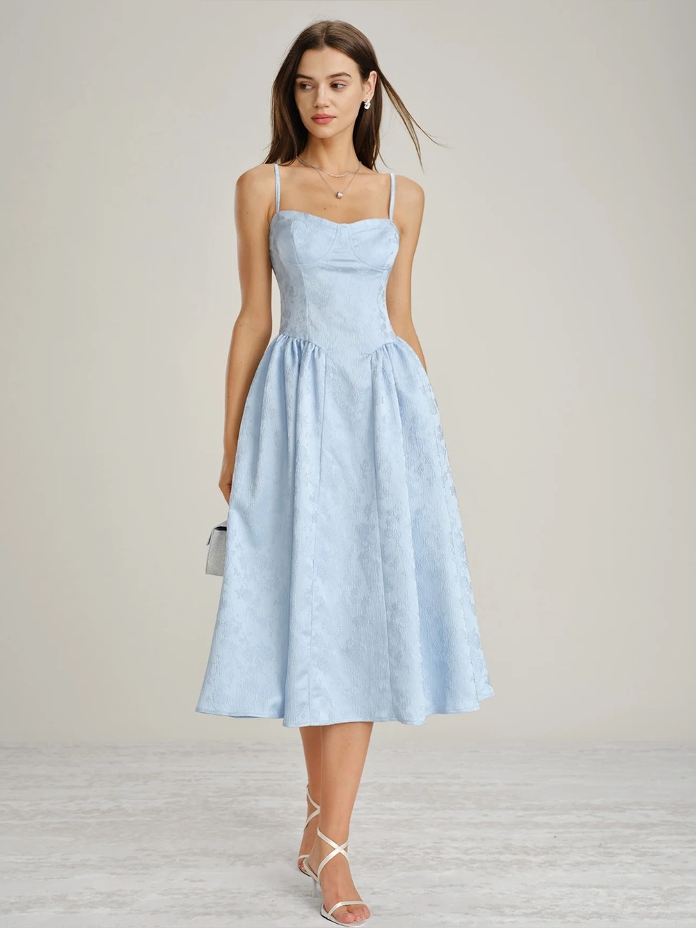 Rihoas Blue Jacquard Pockets Slip Midi Dress
